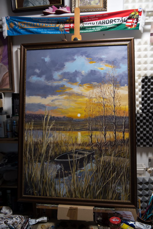 Sunrise by the lake 100x70cm oil on mdf canvas board
