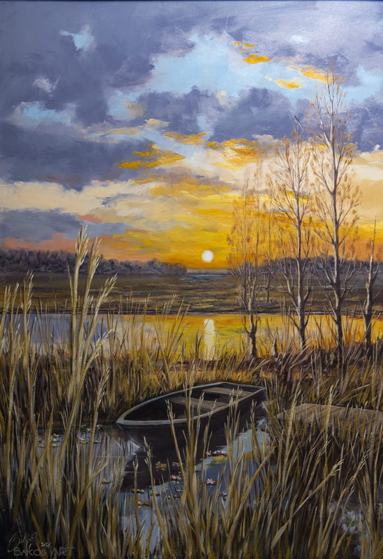 Sunrise by the lake 100x70cm oil on mdf canvas board